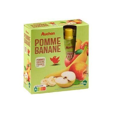 AUCHAN Gourdes pomme banane allégé en sucres sans conservateur 4x90g